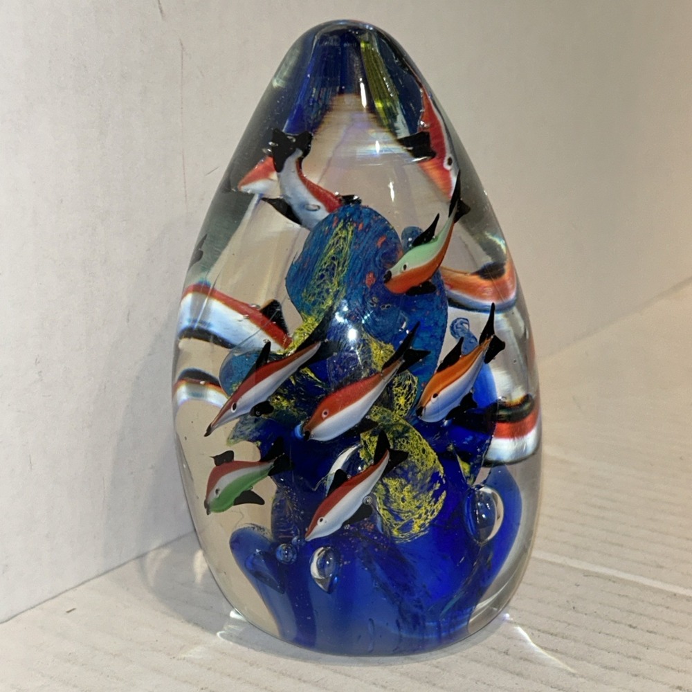 Murano Art Glass Egg Form Swimming Fish Tank with Coral Paperweight 6.5 inch
